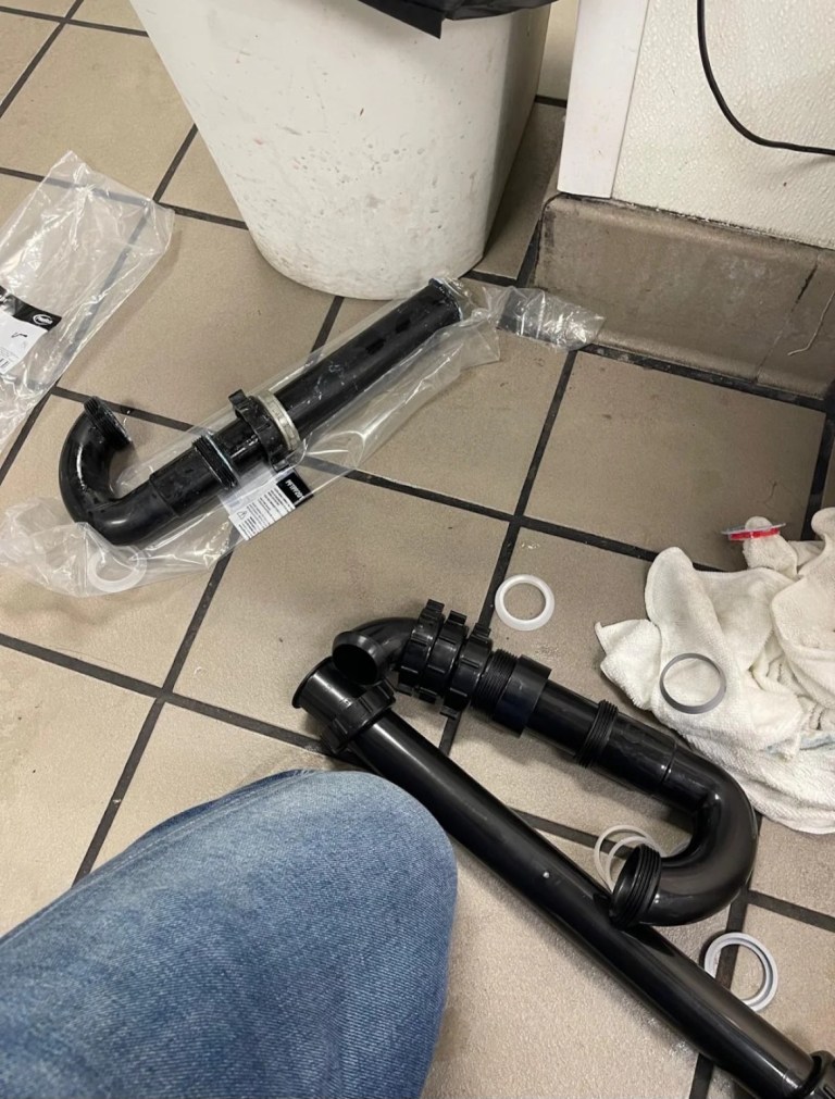 Commercial sink drain replacement parts prepared for installation at Vampire Penguin in Ontario, California